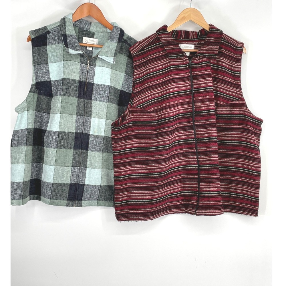 CJ Banks Womens Lot of 2 Vests 3X Zip Up Green Plaid Burgundy Striped Set of 2